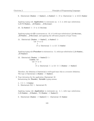 Chapter 2 Principles of Programming Languages 
9. {factorial:[Number - Number], n:Number} |- (* n (factorial (- n 1)))):Number 
Applying typing rule Application to statements no. 1, 5, 4, with type substitution 
{_S1=T1=Number, _S2=Number, _S=Boolean}: 
10. {n:Number} |- (= n 1):Boolean 
Applying typing rule If to statements no. 10, 4, 9, with type substitution {_S1=Boolean, 
_S2=Number, _S=Boolean}, and applying the self-union property of type Union: 
11. {factorial:[Number - Number], n:Number} |- 
(if (= n 1) 
1 
(* n (factorial (- n 1)) )):Number 
Applying typing rule Procedure to statement no. 11, with type substitution {_S1=Number, 
_U1=Number}: 
12. {factorial:[Number - Number]} |- 
(lambda (n) 
(if (= n 1) 
1 
(* n (factorial (- n 1)) )) ):[Number - Number] 
Therefore, the definition of factorial is well typed since this is a recursive definition. 
The type of factorial is [Number - Number]. 
2. Type derivation for the application (factorial 3): 
Instantiating the Number, Variable typing axioms: 
1. { } |- 3:Number 
2. {factorial:T1} |- factorial:T1 
Applying typing rule Application to statements no. 2, 1, with type substitution 
{_S1=Number, _S=Number, T1=[Number – Number]}: 
3. {factorial:[Number - Number]} |- (factorial 3):Number 
123 
 