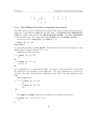 Chapter 1 Principles of Programming Languages 
| | | | | | | 
+ 4 ---12---- * 6 1 9 
| | | 
+ 5 7 
1.1.4 User Defined Procedures (compound procedures) 
Procedure construction is an abstraction mechanism that turns a compound operation into a 
single unit. A procedure is a value like any other value. A compound (user defined) pro-cedure 
is a value, constructed by the special operator lambda – the value constructor 
of the Procedure type. The origin of the name lambda is in the lambda calculus. 
A procedure with a parameter x and body (* x x): 
 (lambda (x) (* x x)) 
#procedure 
A compound procedure is called closure. The procedure created by the evaluation of this 
lambda form is denoted hClosure (x) (* x x)i 
Applications of this procedure: 
 ( (lambda (x) (* x x)) 
5 ) 
25 
 ( (lambda (x) (* x x)) 
(+ 2 5) ) 
49 
In an application of a compound procedure, occurrences of the parameters in the body 
are replaced by the arguments of the application. The body expressions are evaluated in 
sequence. The value of the procedure application is the value of the last expression in the 
body. 
Nested applications: 
 ( + ( (lambda (x) (* x x)) 
3) 
( (lambda (x) (* x x)) 
4) ) 
25 
 
The body of a lambda expression can include several Scheme expressions: 
 ( (lambda (x) (+ x 5) 15 (* x x)) 
3) 
9 
10 
 