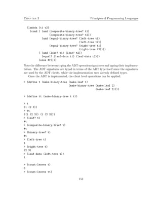 Chapter 3 Principles of Programming Languages 
(lambda (t1 t2) 
(cond ( (and (composite-binary-tree? t1) 
(composite-binary-tree? t2)) 
(and (equal-binary-tree? (left-tree t1) 
(left-tree t2)) 
(equal-binary-tree? (right-tree t1) 
(right-tree t2)))) 
( (and (leaf? t1) (leaf? t2)) 
(equal? (leaf-data t1) (leaf-data t2))) 
(else #f)))) 
Note the difference between typing the ADT operation signatures and typing their implemen-tation. 
The ADT signatures are typed in terms of the ADT type itself since the signatures 
are used by the ADT clients, while the implementation uses already defined types. 
Once the ADT is implemented, the client level operations can be applied: 
 (define t (make-binary-tree (make-leaf 1) 
(make-binary-tree (make-leaf 2) 
(make-leaf 3)))) 
 (define tt (make-binary-tree t t)) 
 t 
(1 (2 3)) 
 tt 
((1 (2 3)) (1 (2 3))) 
 (leaf? t) 
#t 
 (composite-binary-tree? t) 
#t 
 (binary-tree? t) 
#t 
 (left-tree t) 
1 
 (right-tree t) 
(2 3) 
 (leaf-data (left-tree t)) 
1 
 (count-leaves t) 
3 
 (count-leaves tt) 
153 
 