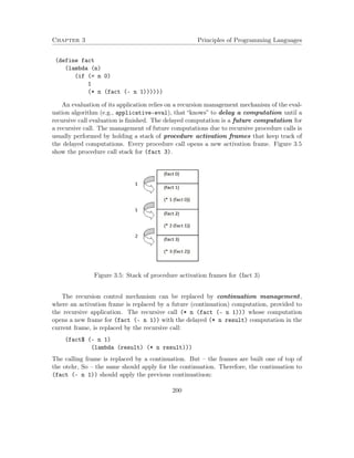 Chapter 3 Principles of Programming Languages 
(define fact 
(lambda (n) 
(if (= n 0) 
1 
(* n (fact (- n 1)))))) 
An evaluation of its application relies on a recursion management mechanism of the eval-uation 
algorithm (e.g., applicative-eval), that “knows” to delay a computation until a 
recursive call evaluation is finished. The delayed computation is a future computation for 
a recursive call. The management of future computations due to recursive procedure calls is 
usually performed by holding a stack of procedure activation frames that keep track of 
the delayed computations. Every procedure call opens a new activation frame. Figure 3.5 
show the procedure call stack for (fact 3). 
Figure 3.5: Stack of procedure activation frames for (fact 3) 
The recursion control mechanism can be replaced by continuation management, 
where an activation frame is replaced by a future (continuation) computation, provided to 
the recursive application. The recursive call (* n (fact (- n 1))) whose computation 
opens a new frame for (fact (- n 1)) with the delayed (* n result) computation in the 
current frame, is replaced by the recursive call: 
(fact$ (- n 1) 
(lambda (result) (* n result))) 
The calling frame is replaced by a continuation. But – the frames are built one of top of 
the otehr, So – the same should apply for the continuation. Therefore, the continuation to 
(fact (- n 1)) should apply the previous continuatiuon: 
200 
 