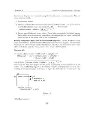 Chapter 4 Principles of Programming Languages 
Environment diagrams are visualized, using the visual notation of environments. This no-tation 
is enriched with: 
1. Environment names. 
2. The lexical blocks of the environments (optional) and their codes. The global scope is 
marked B0 and inner scopes are marked B1, B2, .... For example: 
(define square (lambda(x) (* x x) B1)) B0 
3. Return control links and return values. These links are marked with dashed arrows. 
Each dashed arrow points to the name of the environment that the return control link 
points to, and to the return value of the environment. 
Scoping and control structures in environment diagrams: The tree structured lexical 
scopes are reflected in the tree structure of frames in an environment diagram. The sequential 
computation is reflected in the linear order of frames. Therefore, the environment links create 
a tree structure, while the return control links create a linear order. 
Example 4.1. 
env-eval[(define square (lambda(x)(* x x))),GE] == 
GE(square) = env-eval[(lambda(x)(* x x)),GE] = 
= Closure (x)(* x x),GE 
Lexical blocks: (define square (lambda(x) (* x x) B1)) B0 
Evaluating this form with respect to the global environment includes evaluation of the 
lambda form, and binding square to the created closure, in the global environment. The 
resulting environment diagram is described in Figure 4.3. Note that the closure carries the 
Figure 4.3 
Global Environment. 
250 
 