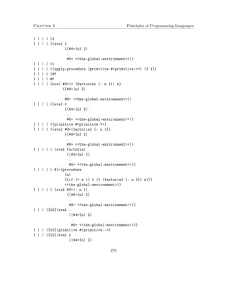 Chapter 4 Principles of Programming Languages 
| | | | |2 
| | | | |(eval 1 
((#4=(n) 2) 
. 
#6= the-global-environment)) 
| | | | |1 
| | | | |(apply-procedure (primitive #primitive:=) (2 1)) 
| | | | |#f 
| | | | #f 
| | | | (eval #3=(* (factorial (- n 1)) n) 
((#6=(n) 2) 
. 
#8= the-global-environment)) 
| | | | |(eval * 
((#4=(n) 2) 
. 
#6= the-global-environment)) 
| | | | |(primitive #primitive:*) 
| | | | |(eval #3=(factorial (- n 1)) 
((#6=(n) 2) 
. 
#8= the-global-environment)) 
| | | | | (eval factorial 
((#4=(n) 2) 
. 
#6= the-global-environment)) 
| | | | | #1=(procedure 
(n) 
((if (= n 1) 1 (* (factorial (- n 1)) n))) 
the-global-environment) 
| | | | | (eval #3=(- n 1) 
((#6=(n) 2) 
. 
#8= the-global-environment)) 
| | | |[10](eval - 
((#4=(n) 2) 
. 
#6= the-global-environment)) 
| | | |[10](primitive #primitive:-) 
| | | |[10](eval n 
((#4=(n) 2) 
278 
 