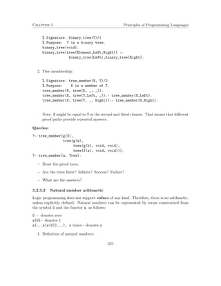 Chapter 5 Principles of Programming Languages 
% Signature: binary_tree(T)/1 
% Purpose: T is a binary tree. 
binary_tree(void). 
binary_tree(tree(Element,Left,Right)) :- 
binary_tree(Left),binary_tree(Right). 
2. Tree membership: 
% Signature: tree_member(X, T)/2 
% Purpose: X is a member of T. 
tree_member(X, tree(X, _, _)). 
tree_member(X, tree(Y,Left, _)):- tree_member(X,Left). 
tree_member(X, tree(Y, _, Right)):- tree_member(X,Right). 
Note: X might be equal to Y in the second and third clauses. That means that different 
proof paths provide repeated answers. 
Queries: 
?- tree_member(g(X), 
tree(g(a), 
tree(g(b), void, void), 
tree(f(a), void, void))). 
?- tree_member(a, Tree). 
 Draw the proof trees. 
 Are the trees finite? Infinite? Success? Failure? 
 What are the answers? 
5.2.3.2 Natural number arithmetic 
Logic programming does not support values of any kind. Therefore, there is no arithmetic, 
unless explicitly defined. Natural numbers can be represented by terms constructed from 
the symbol 0 and the functor s, as follows: 
0 - denotes zero 
s(0)- denotes 1 
s(...s(s(0))...), n times - denotes n 
1. Definition of natural numbers: 
325 
 
