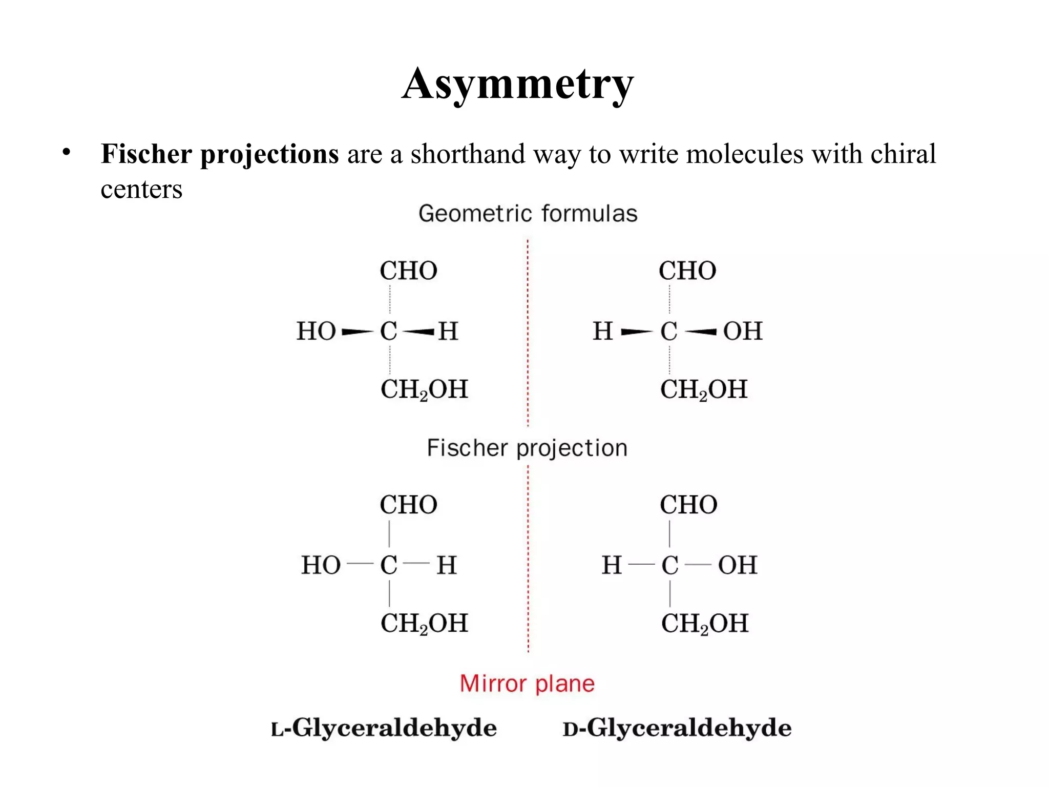 Asymmetry
• Fischer projections are a shorthand way to write molecules with chiral
centers
 
