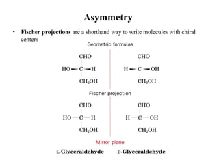 Asymmetry
• Fischer projections are a shorthand way to write molecules with chiral
centers
 