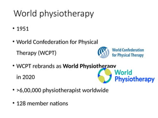 World physiotherapy
• 1951
• World Confederation for Physical
Therapy (WCPT)
• WCPT rebrands as World Physiotherapy
in 2020
• >6,00,000 physiotherapist worldwide
• 128 member nations
 