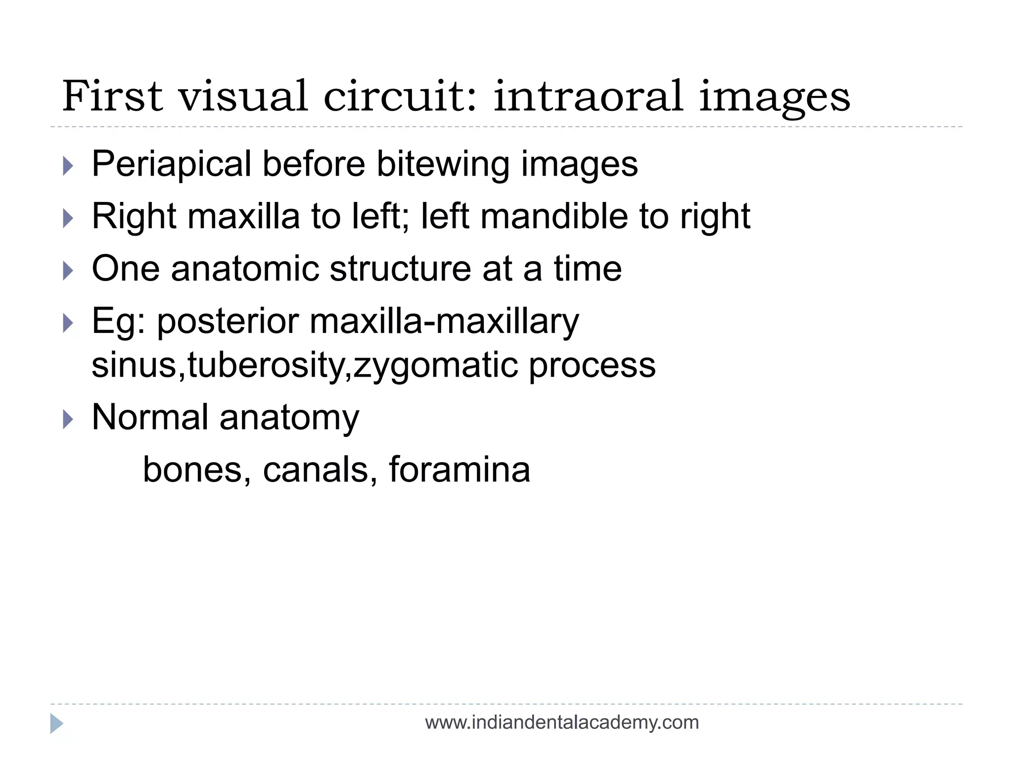 First visual circuit: intraoral images
 Periapical before bitewing images
 Right maxilla to left; left mandible to right
 One anatomic structure at a time
 Eg: posterior maxilla-maxillary
sinus,tuberosity,zygomatic process
 Normal anatomy
bones, canals, foramina
www.indiandentalacademy.com
 