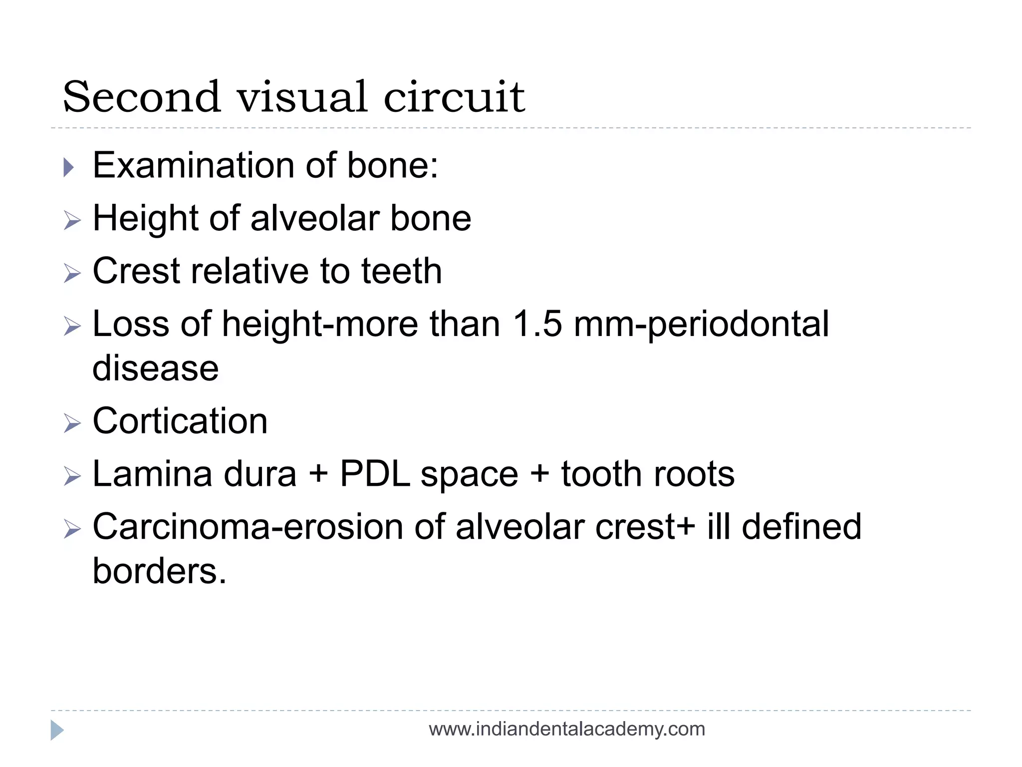Second visual circuit
 Examination of bone:
 Height of alveolar bone
 Crest relative to teeth
 Loss of height-more than 1.5 mm-periodontal
disease
 Cortication
 Lamina dura + PDL space + tooth roots
 Carcinoma-erosion of alveolar crest+ ill defined
borders.
www.indiandentalacademy.com
 