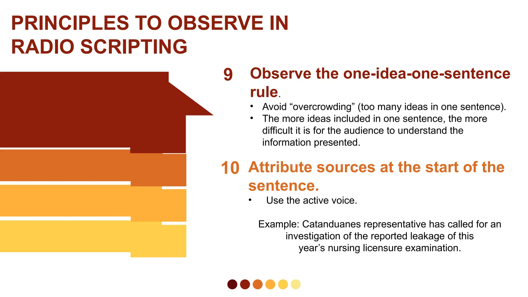 9 Observe the one-idea-one-sentence
rule.
• Avoid “overcrowding” (too many ideas in one sentence).
• The more ideas included in one sentence, the more
difficult it is for the audience to understand the
information presented.
10 Attribute sources at the start of the
sentence.
• Use the active voice.
Example: Catanduanes representative has called for an
investigation of the reported leakage of this
year’s nursing licensure examination.
PRINCIPLES TO OBSERVE IN
RADIO SCRIPTING
 