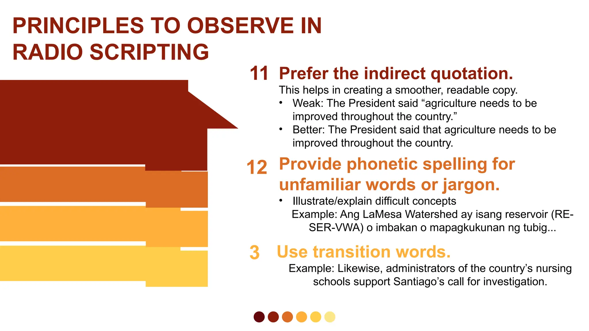 11 Prefer the indirect quotation.
This helps in creating a smoother, readable copy.
• Weak: The President said “agriculture needs to be
improved throughout the country.”
• Better: The President said that agriculture needs to be
improved throughout the country.
12 Provide phonetic spelling for
unfamiliar words or jargon.
• Illustrate/explain difficult concepts
Example: Ang LaMesa Watershed ay isang reservoir (RE-
SER-VWA) o imbakan o mapagkukunan ng tubig...
PRINCIPLES TO OBSERVE IN
RADIO SCRIPTING
3 Use transition words.
Example: Likewise, administrators of the country’s nursing
schools support Santiago’s call for investigation.
 