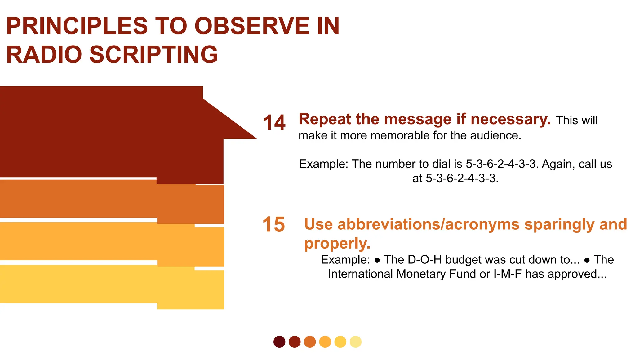 14 Repeat the message if necessary. This will
make it more memorable for the audience.
Example: The number to dial is 5-3-6-2-4-3-3. Again, call us
at 5-3-6-2-4-3-3.
15 Use abbreviations/acronyms sparingly and
properly.
Example: ● The D-O-H budget was cut down to... ● The
International Monetary Fund or I-M-F has approved...
PRINCIPLES TO OBSERVE IN
RADIO SCRIPTING
 