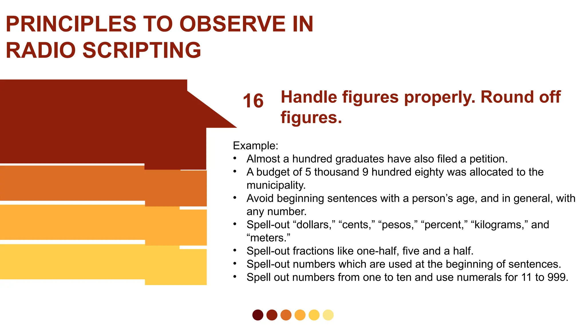 16 Handle figures properly. Round off
figures.
PRINCIPLES TO OBSERVE IN
RADIO SCRIPTING
Example:
• Almost a hundred graduates have also filed a petition.
• A budget of 5 thousand 9 hundred eighty was allocated to the
municipality.
• Avoid beginning sentences with a person’s age, and in general, with
any number.
• Spell-out “dollars,” “cents,” “pesos,” “percent,” “kilograms,” and
“meters.”
• Spell-out fractions like one-half, five and a half.
• Spell-out numbers which are used at the beginning of sentences.
• Spell out numbers from one to ten and use numerals for 11 to 999.
 