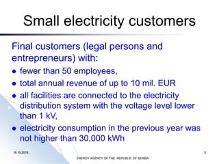 16.10.2018. 3
Small electricity customers
Final customers (legal persons and
entrepreneurs) with:
⚫ fewer than 50 employee...
