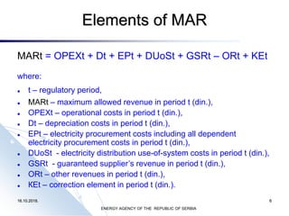 16.10.2018. 6
Elements of MAR
MARt = ОPEXt + Dt + EPt + DUoSt + GSRt – ОRt + KEt
where:
⚫ t – regulatory period,
⚫ MARt – ...