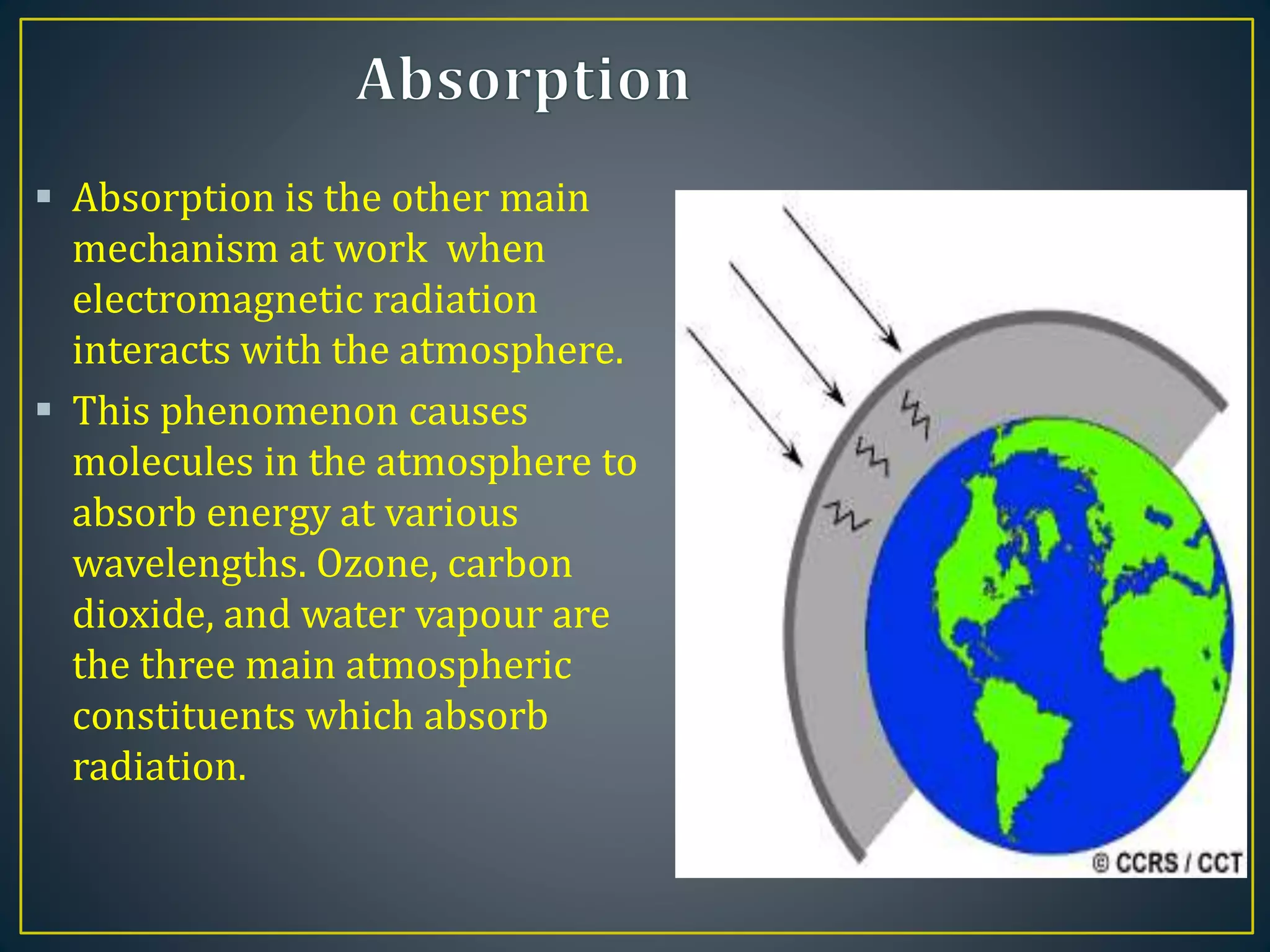  Absorption is the other main
mechanism at work when
electromagnetic radiation
interacts with the atmosphere.
 This phenomenon causes
molecules in the atmosphere to
absorb energy at various
wavelengths. Ozone, carbon
dioxide, and water vapour are
the three main atmospheric
constituents which absorb
radiation.
 