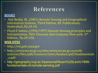 BOOKS
• Anji Reddy. M., (2001) Remote Sensing and Geographical
information Systems, Third Edition, BS. Publications,
Hyderabad.,Pp:24-54.
• Floyd F. Sabins.,(1996/1997) Remote Sensing principles and
Interpretation., W.H. Freeman And Company New york 3rd
Edition., Pp:29-236.
WEB SITES
• http://rst.gsfc.nasa.gov
• http://www.nrcan.gc.ca/sites/www.nrcan.gc.ca.earth-
sciences/files/pdf/resource/tutor/fundam/pdf/fundamentals
_e.pdf
• http://geography.huji.ac.il/personal/Noam%20Levin/1999-
fundamentals-of-remote-sensing.pdf
 