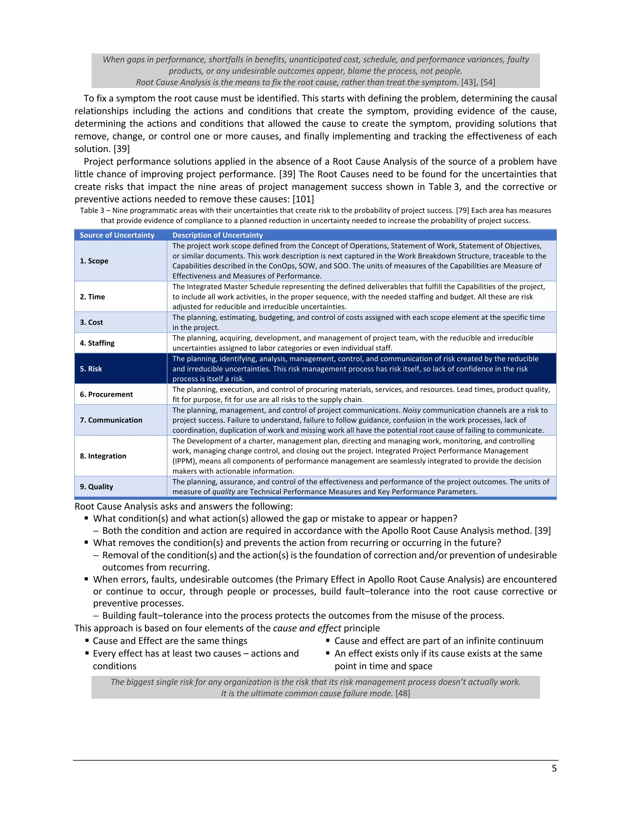 5
When gaps in performance, shortfalls in benefits, unanticipated cost, schedule, and performance variances, faulty
products, or any undesirable outcomes appear, blame the process, not people.
Root Cause Analysis is the means to fix the root cause, rather than treat the symptom. [43], [54]
To fix a symptom the root cause must be identified. This starts with defining the problem, determining the causal
relationships including the actions and conditions that create the symptom, providing evidence of the cause,
determining the actions and conditions that allowed the cause to create the symptom, providing solutions that
remove, change, or control one or more causes, and finally implementing and tracking the effectiveness of each
solution. [39]
Project performance solutions applied in the absence of a Root Cause Analysis of the source of a problem have
little chance of improving project performance. [39] The Root Causes need to be found for the uncertainties that
create risks that impact the nine areas of project management success shown in Table 3, and the corrective or
preventive actions needed to remove these causes: [101]
Table 3 ‒ Nine programmatic areas with their uncertainties that create risk to the probability of project success. [79] Each area has measures
that provide evidence of compliance to a planned reduction in uncertainty needed to increase the probability of project success.
Source of Uncertainty Description of Uncertainty
1. Scope
The project work scope defined from the Concept of Operations, Statement of Work, Statement of Objectives,
or similar documents. This work description is next captured in the Work Breakdown Structure, traceable to the
Capabilities described in the ConOps, SOW, and SOO. The units of measures of the Capabilities are Measure of
Effectiveness and Measures of Performance.
2. Time
The Integrated Master Schedule representing the defined deliverables that fulfill the Capabilities of the project,
to include all work activities, in the proper sequence, with the needed staffing and budget. All these are risk
adjusted for reducible and irreducible uncertainties.
3. Cost
The planning, estimating, budgeting, and control of costs assigned with each scope element at the specific time
in the project.
4. Staffing
The planning, acquiring, development, and management of project team, with the reducible and irreducible
uncertainties assigned to labor categories or even individual staff.
5. Risk
The planning, identifying, analysis, management, control, and communication of risk created by the reducible
and irreducible uncertainties. This risk management process has risk itself, so lack of confidence in the risk
process is itself a risk.
6. Procurement
The planning, execution, and control of procuring materials, services, and resources. Lead times, product quality,
fit for purpose, fit for use are all risks to the supply chain.
7. Communication
The planning, management, and control of project communications. Noisy communication channels are a risk to
project success. Failure to understand, failure to follow guidance, confusion in the work processes, lack of
coordination, duplication of work and missing work all have the potential root cause of failing to communicate.
8. Integration
The Development of a charter, management plan, directing and managing work, monitoring, and controlling
work, managing change control, and closing out the project. Integrated Project Performance Management
(IPPM), means all components of performance management are seamlessly integrated to provide the decision
makers with actionable information.
9. Quality
The planning, assurance, and control of the effectiveness and performance of the project outcomes. The units of
measure of quality are Technical Performance Measures and Key Performance Parameters.
Root Cause Analysis asks and answers the following:
§ What condition(s) and what action(s) allowed the gap or mistake to appear or happen?
- Both the condition and action are required in accordance with the Apollo Root Cause Analysis method. [39]
§ What removes the condition(s) and prevents the action from recurring or occurring in the future?
- Removal of the condition(s) and the action(s) is the foundation of correction and/or prevention of undesirable
outcomes from recurring.
§ When errors, faults, undesirable outcomes (the Primary Effect in Apollo Root Cause Analysis) are encountered
or continue to occur, through people or processes, build fault‒tolerance into the root cause corrective or
preventive processes.
- Building fault‒tolerance into the process protects the outcomes from the misuse of the process.
This approach is based on four elements of the cause and effect principle
§ Cause and Effect are the same things § Cause and effect are part of an infinite continuum
§ Every effect has at least two causes – actions and
conditions
§ An effect exists only if its cause exists at the same
point in time and space
The biggest single risk for any organization is the risk that its risk management process doesn’t actually work.
It is the ultimate common cause failure mode. [48]
 