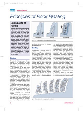 Surface Drilling p6-8        23/9/02     7:50 am     Page 6




                        TALKING TECHNICALLY




        Principles of Rock Blasting
            Combination of
            Factors
            Blasting by design results from a
            large number of factors, all of
            which need to be brought under
            control in order to achieve the
            right result. These include the
            choice of drillrig and tools, the
            layout of the holes, the explosive,
            and the skill of the operators.                       Compression                  Reflection                   Gas Pressure
            Geology is the governing factor,
            and experience is a major ingredi-         Figs 1-3     Rock breaking sequence in a normal blast.
            ent. Atlas Copco produces drillrigs
            and systems to suit all rock types,
            and has the experience to recom-           calculated, the rock mass will yield and         The ratio between spacing and burden
                                                       be thrown forward.                               will have great impact on the blasting
            mend the correct approach to all
                                                                                                        result, and 1.25 can be considered as
            ground conditions in order to
            achieve the optimum result. The
                                                       Benching                                         an average ratio. The optimum burden
                                                                                                        depends upon a number of parame-
            following outline of the principles        Bench blasting is normally carried out           ters, such as rock type, required frag-
            involved in rock blasting is a logical     by blasting a large number of parallel           mentation, type of explosives, hole
            start point in the quest for the           holes in each round. Considering                 deviation, and hole inclination.
            perfect round.                             the blasting mechanics, with a com-              Nevertheless, as large drill holes can
                                                       pression-reflection-gas pressure stage           accommodate more explosives, there is
                                                       in consecutive order for each charge, it         a distinct relationship between burden
        Blasting                                       is of vital importance to have a proper          and hole diameter (see figure 6).
                                                       delay between each row, and even                    As the bottom part of the blast is
        To understand the principles of rock           between individual holes in each row.            the constricted and critical part for
        blasting, it is necessary to start             A proper delay will reduce rock throw,           successful blasting, it is used as a basis
        with the rock fragmentation process            improve fragmentation, and limit                 for deciding all other parameters. The
        that follows the detonation of the             ground vibrations. The blast should be           bottom charge, normally 1.5 x
        explosives in a drill hole.                    planned so that the rock from the first          burden, from where the initiation
           The explosion is a very rapid               row of holes has moved about one                 should start, requires well packed
        combustion, in which the energy con-           third of the burden, when the next               explosives of higher blasting power
        tained in the explosives is released in        row is blasted (see figures 4 and 5).            than is needed in the column charge
        the form of heat and gas pressure. The            The horizontal distance between               (see figure 7).
        transformation acts on the rock in three       the hole and the free face is the                   Stemming of the top part of the
        consecutive stages (see figures 1-3).          burden, and the parallel distance                hole is used to ensure that the energy
           Compression: a pressure wave                between holes in a row is the spacing.           of explosives is properly utilised. It will
        propagates through the rock at a
        velocity of 2,500–6,000 m/sec,
        depending on rock type and type of
        explosives. This pressure wave creates
        microfractures which promote rock
        fracturing.
           Reflection: during the next stage,
        the pressure wave bounces back from
        the free surface, which is normally the
        bench wall or natural fissures in the
        rock. The compression wave is now
        transformed into tension and shear
        waves, increasing the fracturing
        process.
           Gas pressure: large volumes of gas
        are released, entering and expanding
        the cracks under high pressure. Where
        the distance between the blasthole             Fig 4   Delay detonation of a typical bench blast.
        and the free face has been correctly

        6                                                                                                                       SURFACE DRILLING
 