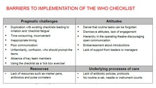 BARRIERS TO IMPLEMENTATION OF THE WHO CHECKLIST
 