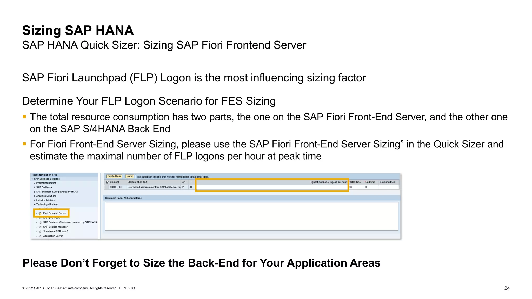 24
PUBLIC
© 2022 SAP SE or an SAP affiliate company. All rights reserved. ǀ
Sizing SAP HANA
SAP HANA Quick Sizer: Sizing SAP Fiori Frontend Server
SAP Fiori Launchpad (FLP) Logon is the most influencing sizing factor
Determine Your FLP Logon Scenario for FES Sizing
▪ The total resource consumption has two parts, the one on the SAP Fiori Front-End Server, and the other one
on the SAP S/4HANA Back End
▪ For Fiori Front-End Server Sizing, please use the SAP Fiori Front-End Server Sizing” in the Quick Sizer and
estimate the maximal number of FLP logons per hour at peak time
Please Don’t Forget to Size the Back-End for Your Application Areas
 