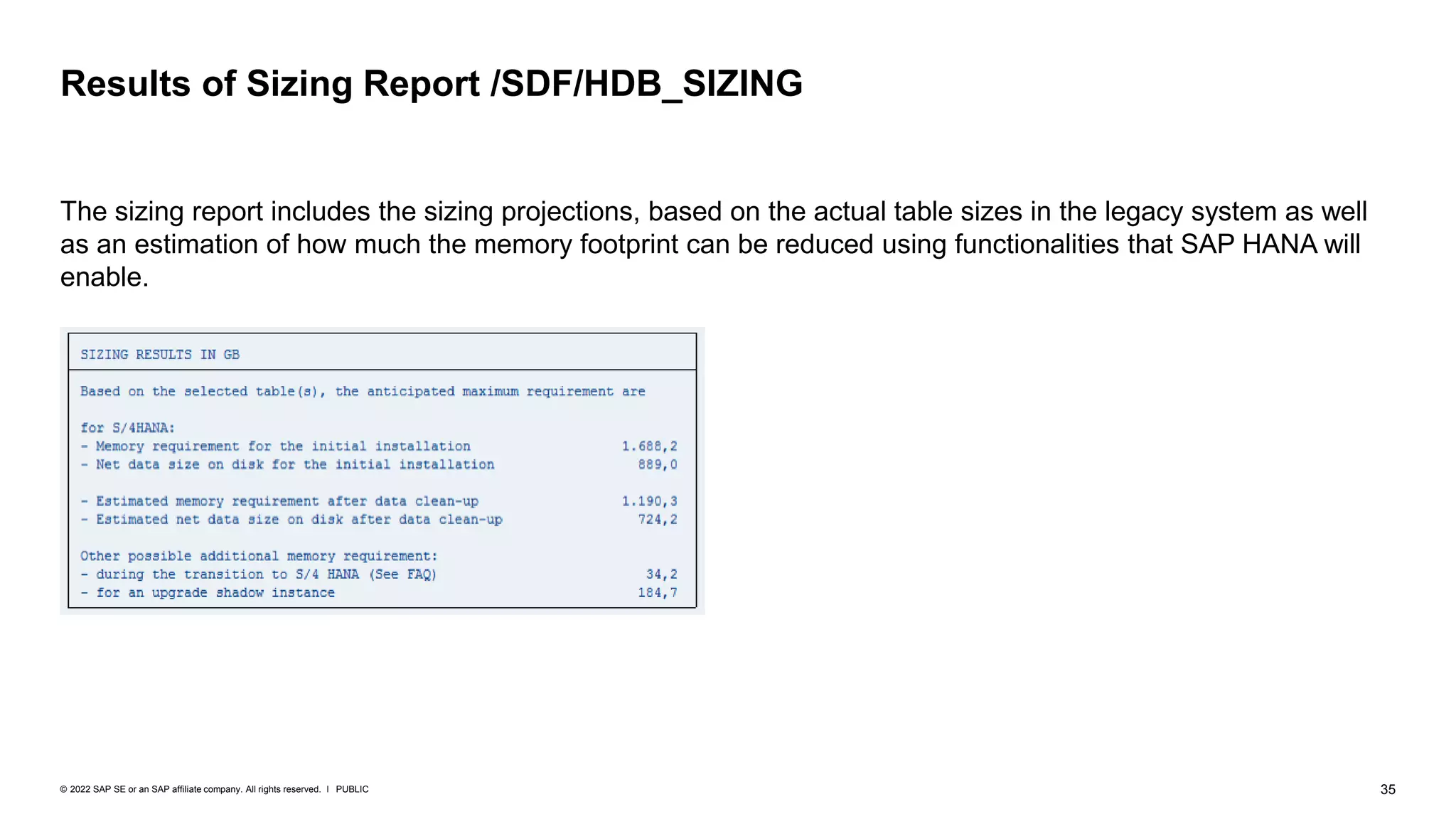 35
PUBLIC
© 2022 SAP SE or an SAP affiliate company. All rights reserved. ǀ
Results of Sizing Report /SDF/HDB_SIZING
The sizing report includes the sizing projections, based on the actual table sizes in the legacy system as well
as an estimation of how much the memory footprint can be reduced using functionalities that SAP HANA will
enable.
 
