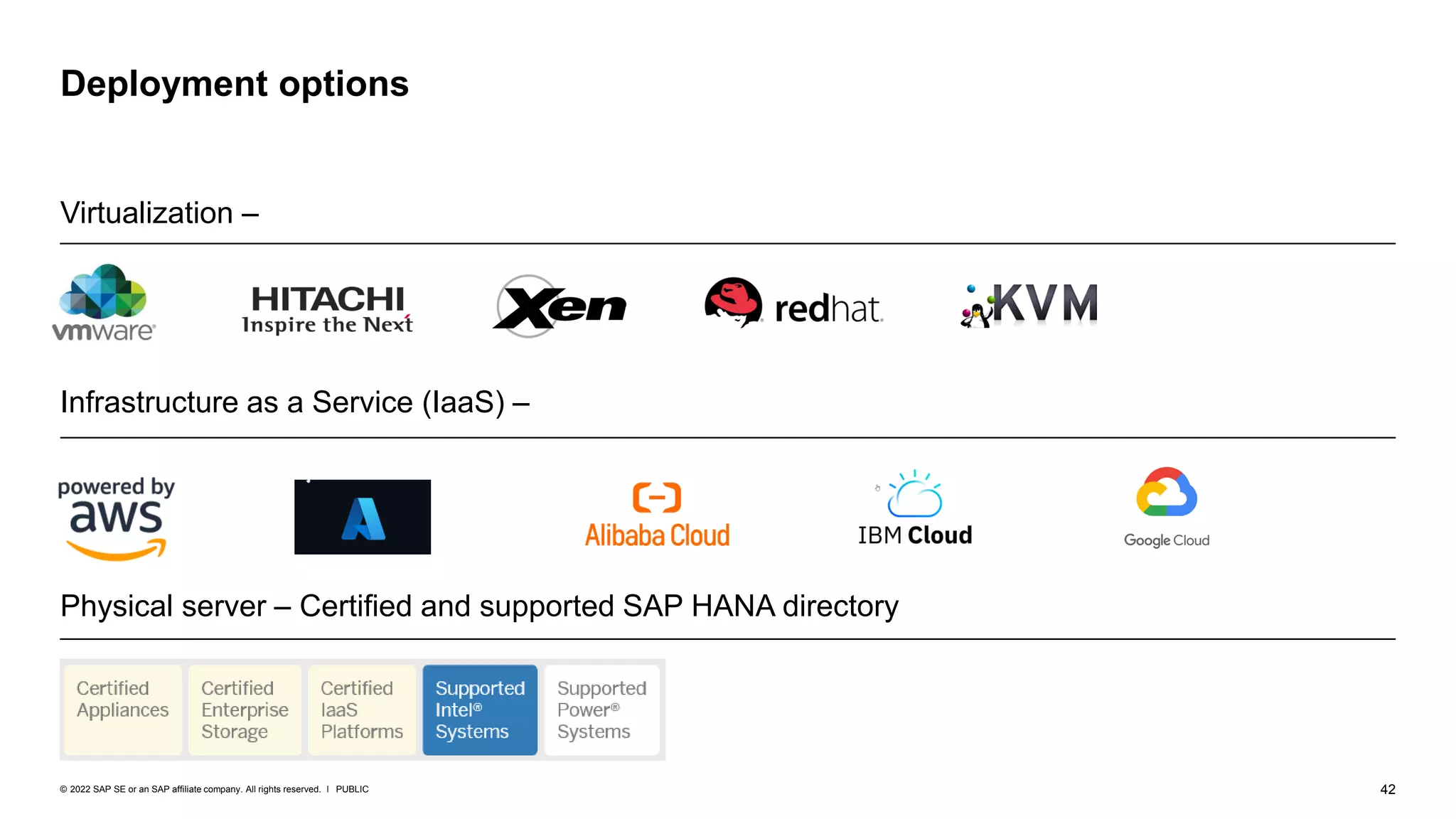 42
PUBLIC
© 2022 SAP SE or an SAP affiliate company. All rights reserved. ǀ
Deployment options
Virtualization – 1788665 - SAP HANA Support for virtualized / partitioned (multi-tenant) environments
Infrastructure as a Service (IaaS) – 1380654 - SAP support in IaaS environments
Physical server – Certified and supported SAP HANA directory
 