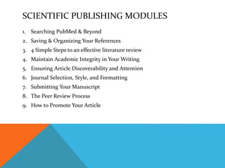 SCIENTIFIC PUBLISHING MODULES
1. Searching PubMed & Beyond
2. Saving & Organizing Your References
3. 4 Simple Steps to an effective literature review
4. Maintain Academic Integrity in Your Writing
5. Ensuring Article Discoverability and Attention
6. Journal Selection, Style, and Formatting
7. Submitting Your Manuscript
8. The Peer Review Process
9. How to Promote Your Article
 