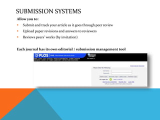 SUBMISSION SYSTEMS
Allow you to:
 Submit and track your article as it goes through peer review
 Upload paper revisions and answers to reviewers
 Reviews peers’ works (by invitation)
Each journal has its own editorial / submission management tool
 