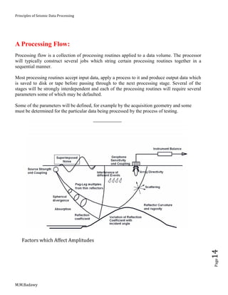 Principles of Seismic Data Processing
M.M.Badawy
Page14
A Processing Flow:
Processing flow is a collection of processing routines applied to a data volume. The processor
will typically construct several jobs which string certain processing routines together in a
sequential manner.
Most processing routines accept input data, apply a process to it and produce output data which
is saved to disk or tape before passing through to the next processing stage. Several of the
stages will be strongly interdependent and each of the processing routines will require several
parameters some of which may be defaulted.
Some of the parameters will be defined, for example by the acquisition geometry and some
must be determined for the particular data being processed by the process of testing.
Factors which Affect Amplitudes
 