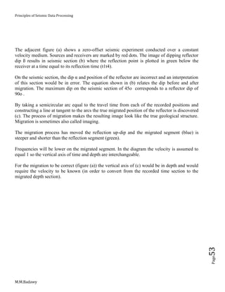 Principles of Seismic Data Processing
M.M.Badawy
Page53
The adjacent figure (a) shows a zero-offset seismic experiment conducted over a constant
velocity medium. Sources and receivers are marked by red dots. The image of dipping reflector
dip ß results in seismic section (b) where the reflection point is plotted in green below the
receiver at a time equal to its reflection time (t1t4).
On the seismic section, the dip α and position of the reflector are incorrect and an interpretation
of this section would be in error. The equation shown in (b) relates the dip before and after
migration. The maximum dip on the seismic section of 45o corresponds to a reflector dip of
90o .
By taking a semicircular arc equal to the travel time from each of the recorded positions and
constructing a line at tangent to the arcs the true migrated position of the reflector is discovered
(c). The process of migration makes the resulting image look like the true geological structure.
Migration is sometimes also called imaging.
The migration process has moved the reflection up-dip and the migrated segment (blue) is
steeper and shorter than the reflection segment (green).
Frequencies will be lower on the migrated segment. In the diagram the velocity is assumed to
equal 1 so the vertical axis of time and depth are interchangeable.
For the migration to be correct (figure (a)) the vertical axis of (c) would be in depth and would
require the velocity to be known (in order to convert from the recorded time section to the
migrated depth section).
 