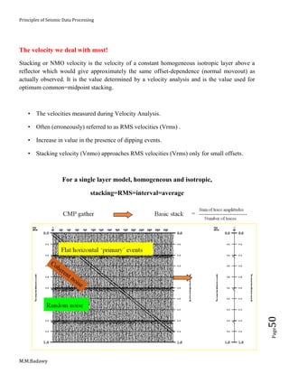 Principles of Seismic Data Processing
M.M.Badawy
Page50
The velocity we deal with most!
Stacking or NMO velocity is the ve...