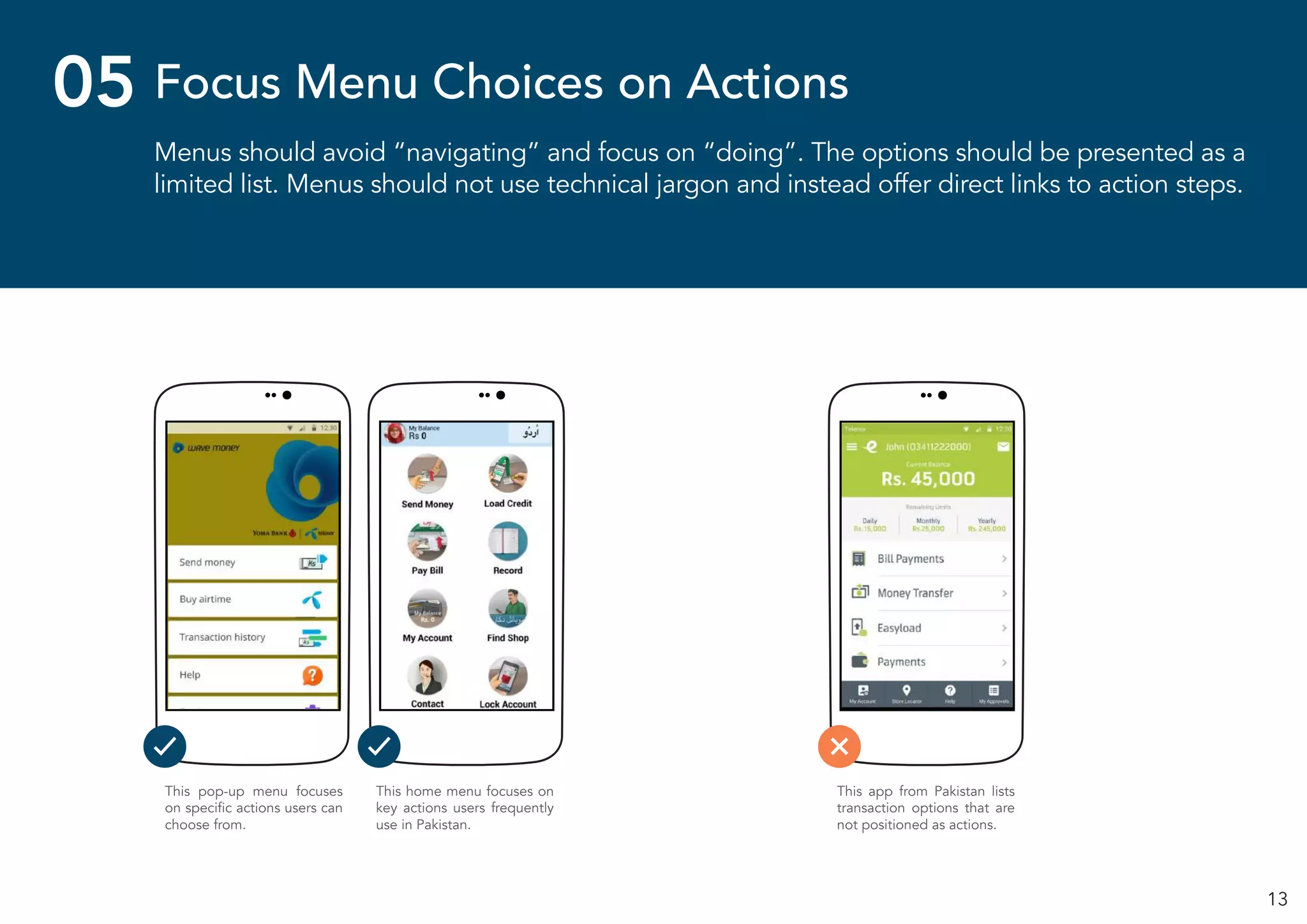 13
Menus should avoid “navigating” and focus on “doing”. The options should be presented as a
limited list. Menus should not use technical jargon and instead offer direct links to action steps.
Focus Menu Choices on Actions05
This pop-up menu focuses
on specific actions users can
choose from.
This home menu focuses on
key actions users frequently
use in Pakistan.
This app from Pakistan lists
transaction options that are
not positioned as actions.
 