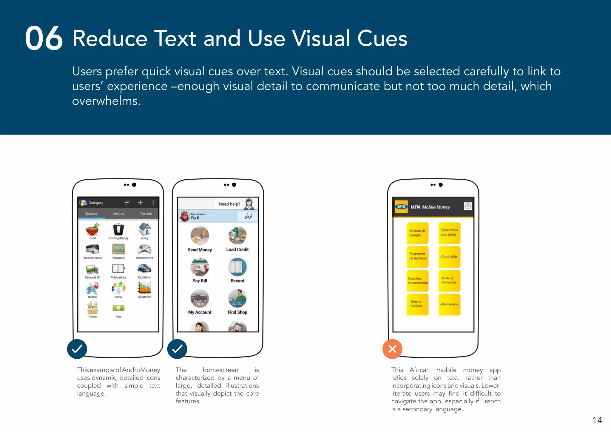 14
Users prefer quick visual cues over text. Visual cues should be selected carefully to link to
users’ experience –enough visual detail to communicate but not too much detail, which
overwhelms.
Reduce Text and Use Visual Cues06
ThisexampleofAndroMoney
uses dynamic, detailed icons
coupled with simple text
language.
The homescreen is
characterized by a menu of
large, detailed illustrations
that visually depict the core
features.
This African mobile money app
relies solely on text, rather than
incorporating icons and visuals. Lower-
literate users may find it difficult to
navigate the app, especially if French
is a secondary language.
 