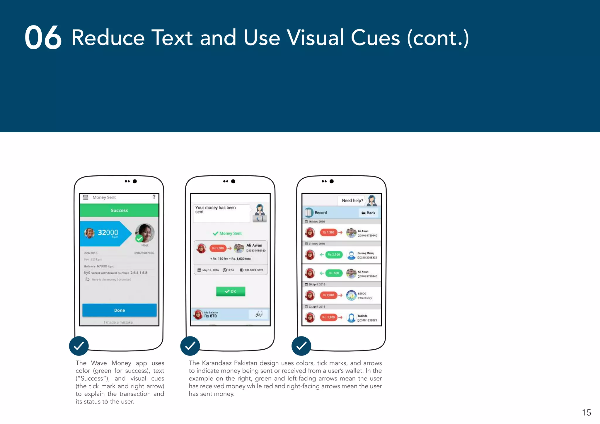 15
Reduce Text and Use Visual Cues (cont.)06
The Wave Money app uses
color (green for success), text
(“Success”), and visual cues
(the tick mark and right arrow)
to explain the transaction and
its status to the user.
The Karandaaz Pakistan design uses colors, tick marks, and arrows
to indicate money being sent or received from a user’s wallet. In the
example on the right, green and left-facing arrows mean the user
has received money while red and right-facing arrows mean the user
has sent money.
 