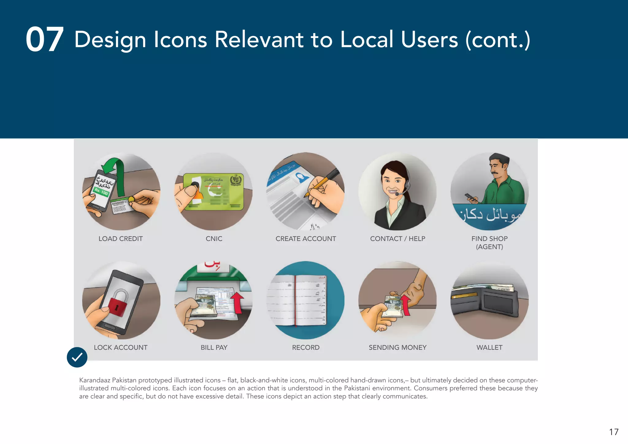 17
Lock Account (Sign Out) Pay Bill Record (Transaction History) Send Money My Account
Load Credit CNIC Create Account Contact / Help Find Shop (Agent)
Design Icons Relevant to Local Users (cont.)07
Karandaaz Pakistan prototyped illustrated icons – flat, black-and-white icons, multi-colored hand-drawn icons,– but ultimately decided on these computer-
illustrated multi-colored icons. Each icon focuses on an action that is understood in the Pakistani environment. Consumers preferred these because they
are clear and specific, but do not have excessive detail. These icons depict an action step that clearly communicates.
LOAD CREDIT
LOCK ACCOUNT
CNIC
BILL PAY
CREATE ACCOUNT
RECORD
CONTACT / HELP
SENDING MONEY
FIND SHOP
(AGENT)
WALLET
 