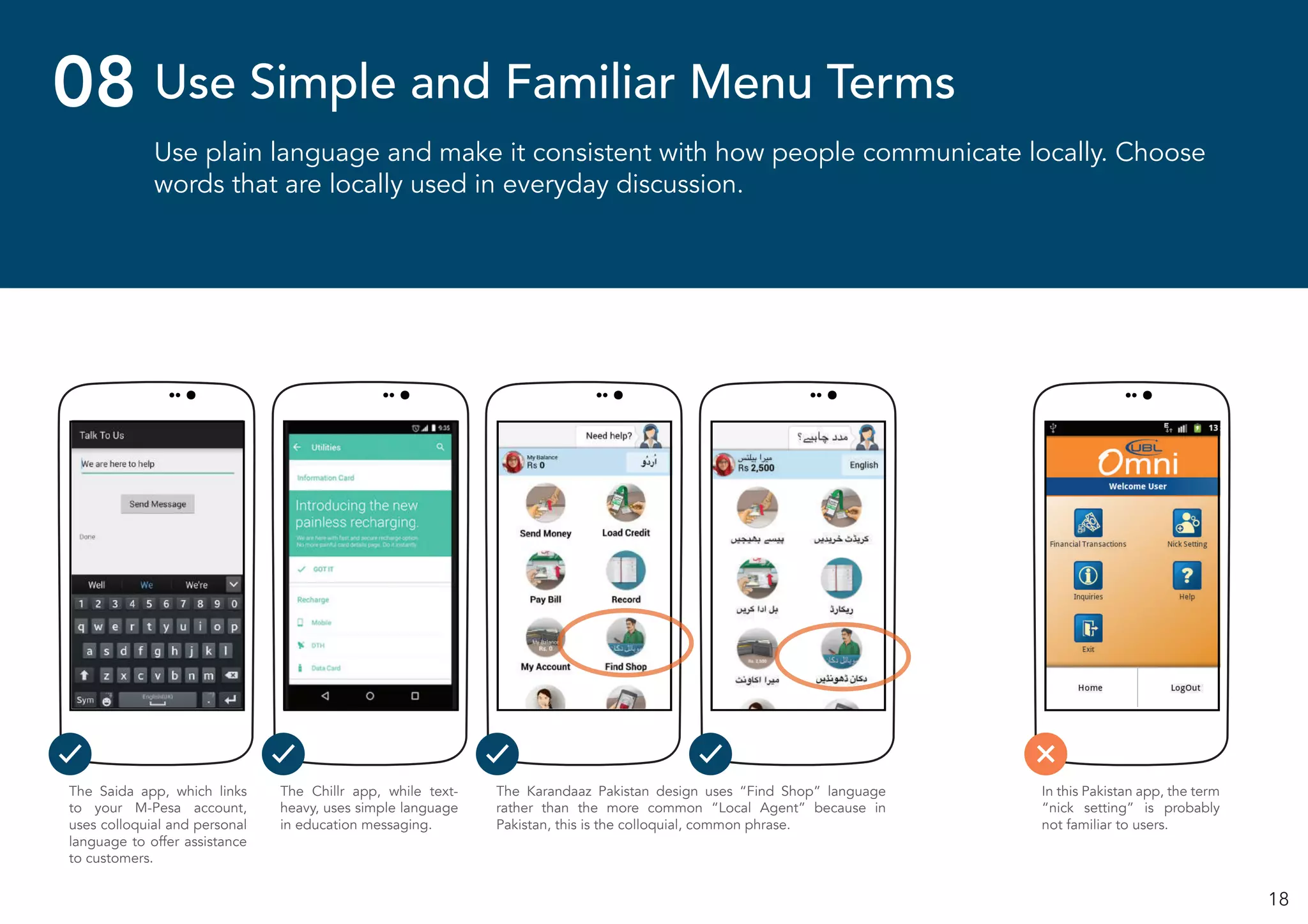 18
Use plain language and make it consistent with how people communicate locally. Choose
words that are locally used in everyday discussion.
Use Simple and Familiar Menu Terms08
The Saida app, which links
to your M-Pesa account,
uses colloquial and personal
language to offer assistance
to customers.
The Karandaaz Pakistan design uses “Find Shop” language
rather than the more common “Local Agent” because in
Pakistan, this is the colloquial, common phrase.
The Chillr app, while text-
heavy, uses simple language
in education messaging.
In this Pakistan app, the term
“nick setting” is probably
not familiar to users.
 