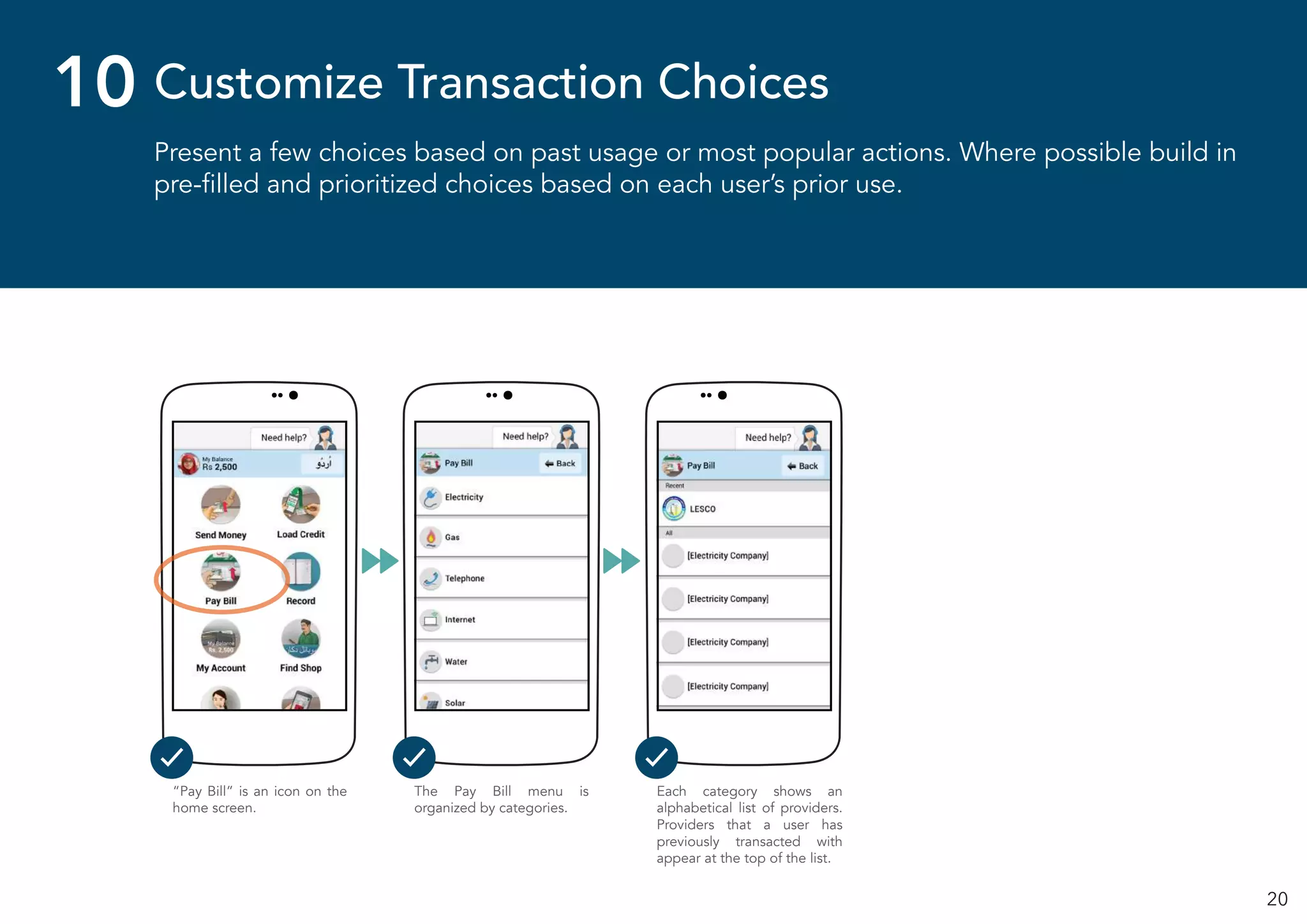 20
Present a few choices based on past usage or most popular actions. Where possible build in
pre-filled and prioritized choices based on each user’s prior use.
Customize Transaction Choices10
“Pay Bill” is an icon on the
home screen.
The Pay Bill menu is
organized by categories.
Each category shows an
alphabetical list of providers.
Providers that a user has
previously transacted with
appear at the top of the list.
 