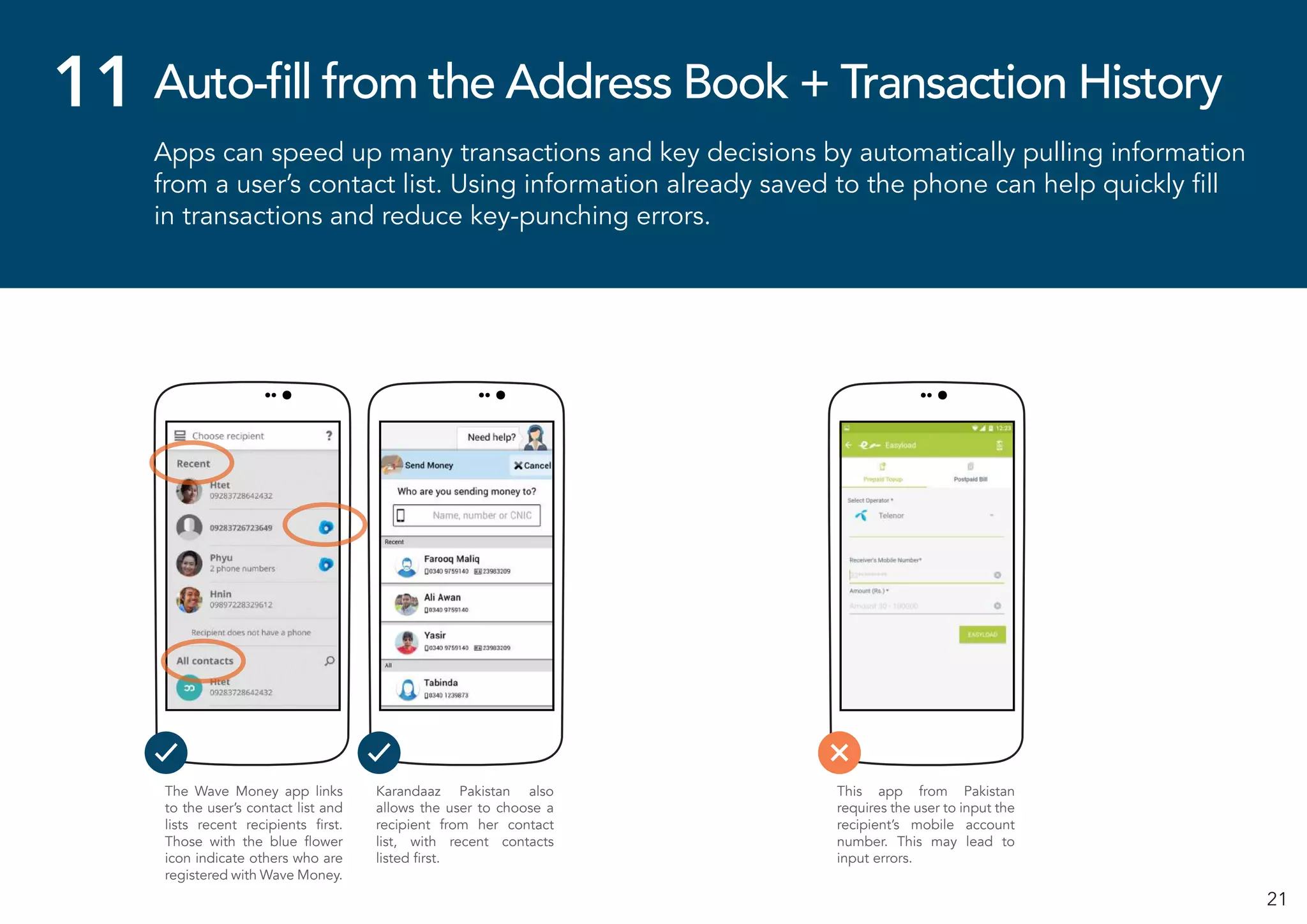 21
Apps can speed up many transactions and key decisions by automatically pulling information
from a user’s contact list. Using information already saved to the phone can help quickly fill
in transactions and reduce key-punching errors.
Auto-fill from the Address Book + Transaction History11
The Wave Money app links
to the user’s contact list and
lists recent recipients first.
Those with the blue flower
icon indicate others who are
registered with Wave Money.
Karandaaz Pakistan also
allows the user to choose a
recipient from her contact
list, with recent contacts
listed first.
This app from Pakistan
requires the user to input the
recipient’s mobile account
number. This may lead to
input errors.
 