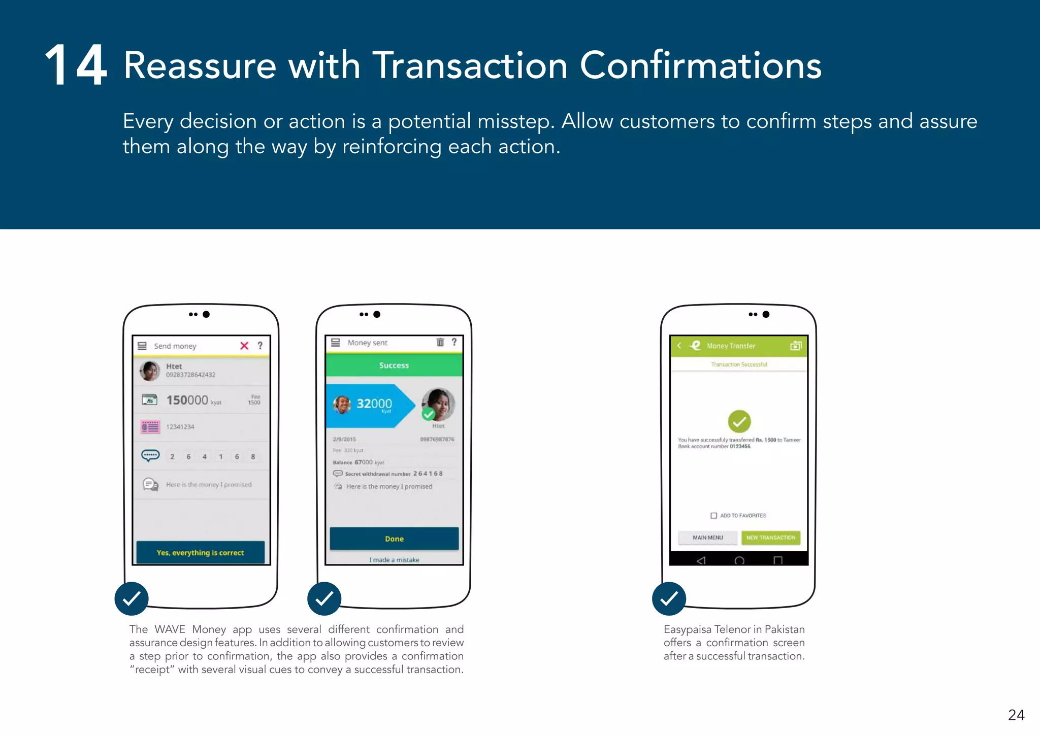 24
Every decision or action is a potential misstep. Allow customers to confirm steps and assure
them along the way by reinforcing each action.
Reassure with Transaction Confirmations14
Easypaisa Telenor in Pakistan
offers a confirmation screen
after a successful transaction.
The WAVE Money app uses several different confirmation and
assurance design features. In addition to allowing customers to review
a step prior to confirmation, the app also provides a confirmation
“receipt” with several visual cues to convey a successful transaction.
 