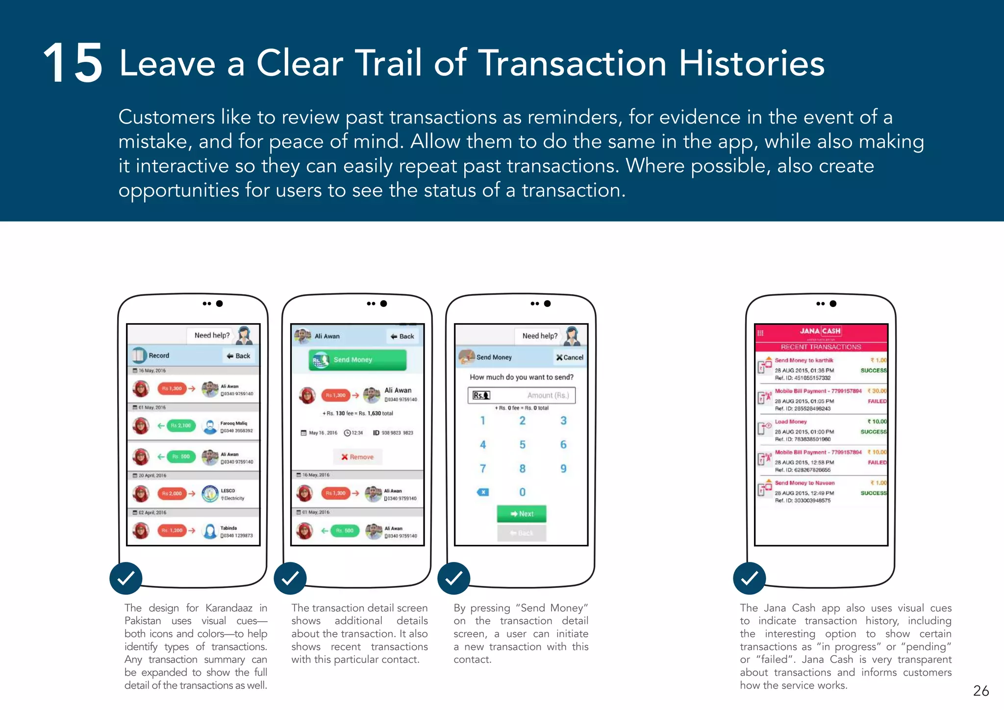 26
Customers like to review past transactions as reminders, for evidence in the event of a
mistake, and for peace of mind. Allow them to do the same in the app, while also making
it interactive so they can easily repeat past transactions. Where possible, also create
opportunities for users to see the status of a transaction.
Leave a Clear Trail of Transaction Histories15
The design for Karandaaz in
Pakistan uses visual cues—
both icons and colors—to help
identify types of transactions.
Any transaction summary can
be expanded to show the full
detail of the transactions as well.
By pressing “Send Money”
on the transaction detail
screen, a user can initiate
a new transaction with this
contact.
The transaction detail screen
shows additional details
about the transaction. It also
shows recent transactions
with this particular contact.
The Jana Cash app also uses visual cues
to indicate transaction history, including
the interesting option to show certain
transactions as “in progress” or “pending”
or “failed”. Jana Cash is very transparent
about transactions and informs customers
how the service works.
 