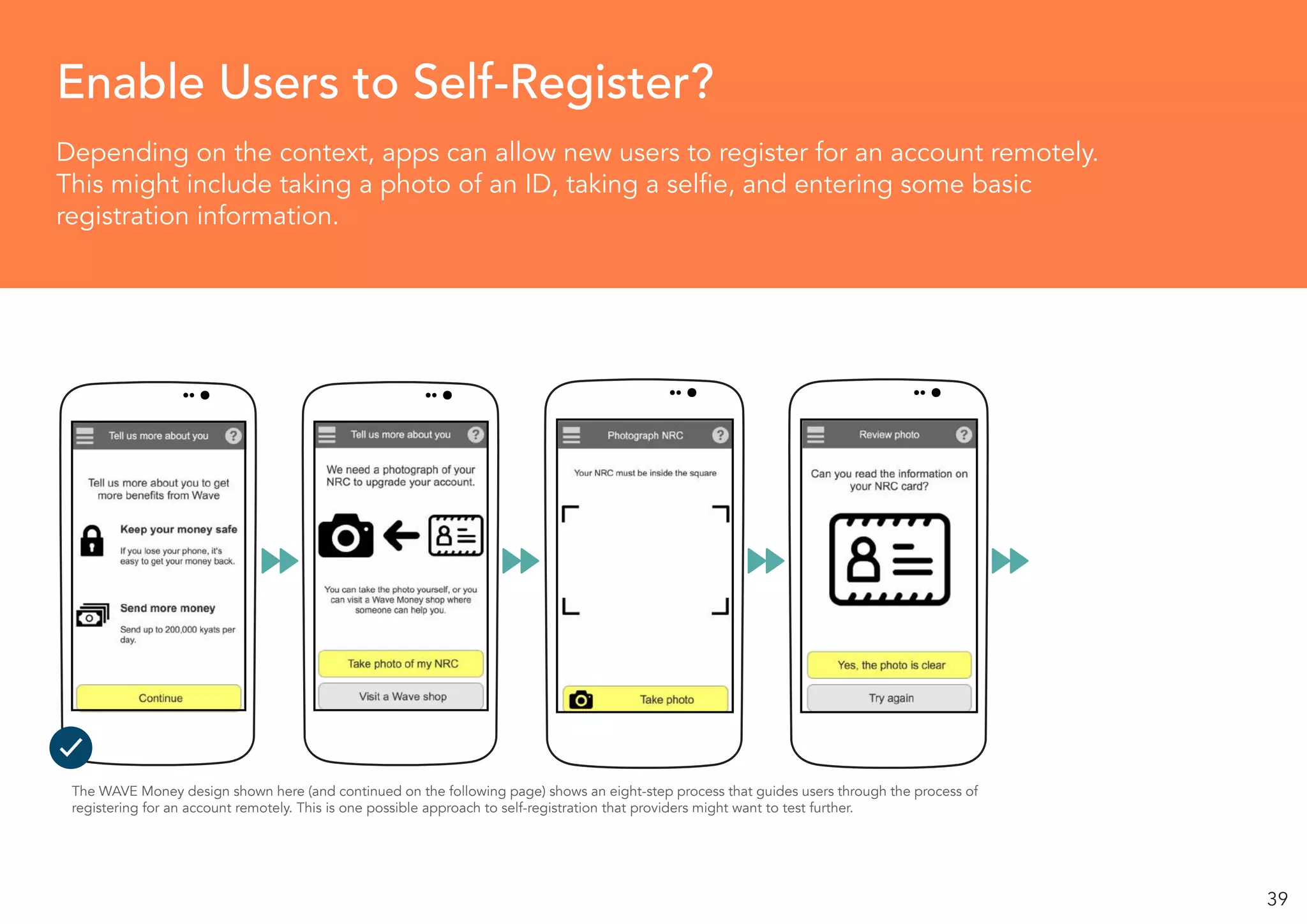 39
Depending on the context, apps can allow new users to register for an account remotely.
This might include taking a photo of an ID, taking a selfie, and entering some basic
registration information.
Enable Users to Self-Register?
The WAVE Money design shown here (and continued on the following page) shows an eight-step process that guides users through the process of
registering for an account remotely. This is one possible approach to self-registration that providers might want to test further.
 