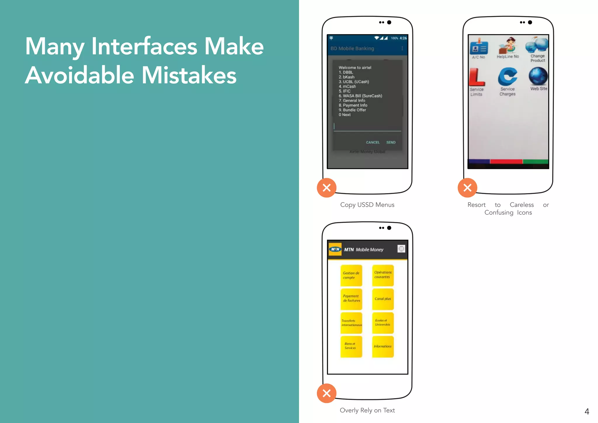 4
Many Interfaces Make
Avoidable Mistakes
Copy USSD Menus
Overly Rely on Text
Resort to Careless or
Confusing Icons
 