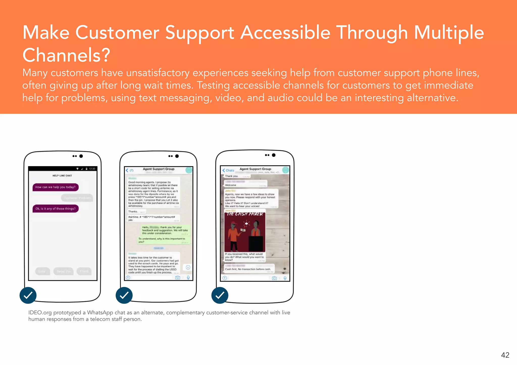 42
Many customers have unsatisfactory experiences seeking help from customer support phone lines,
often giving up after long wait times. Testing accessible channels for customers to get immediate
help for problems, using text messaging, video, and audio could be an interesting alternative.
Make Customer Support Accessible Through Multiple
Channels?
IDEO.org prototyped a WhatsApp chat as an alternate, complementary customer-service channel with live
human responses from a telecom staff person.
 