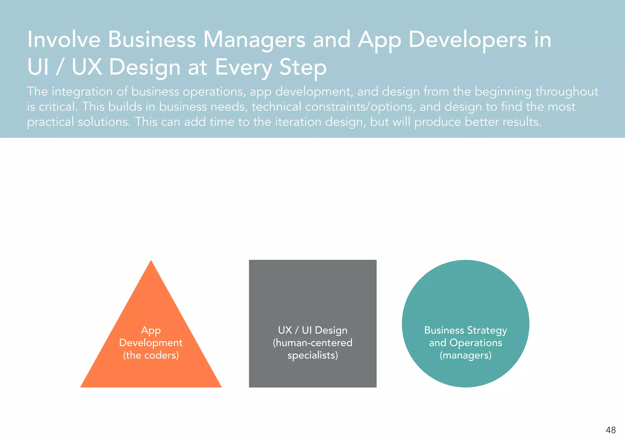 48
The integration of business operations, app development, and design from the beginning throughout
is critical. This builds in business needs, technical constraints/options, and design to find the most
practical solutions. This can add time to the iteration design, but will produce better results.
Involve Business Managers and App Developers in
UI / UX Design at Every Step
App
Development
(the coders)
UX / UI Design
(human-centered
specialists)
Business Strategy
and Operations
(managers)
 
