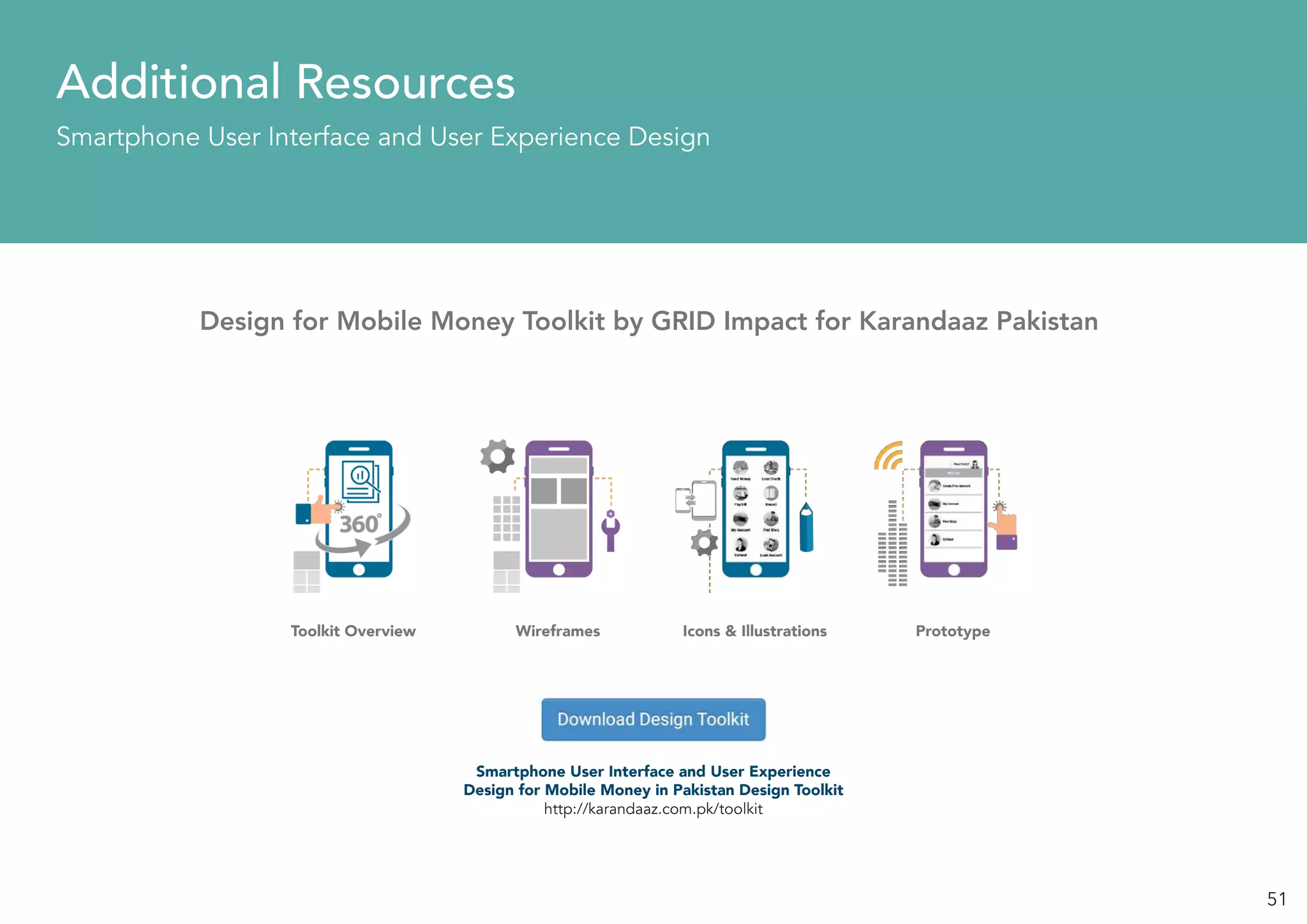 51
Additional Resources
Smartphone User Interface and User Experience Design
Design for Mobile Money Toolkit by GRID Impact for Karandaaz Pakistan
Smartphone User Interface and User Experience
Design for Mobile Money in Pakistan Design Toolkit
http://karandaaz.com.pk/toolkit
Toolkit Overview Wireframes Icons & Illustrations Prototype
 
