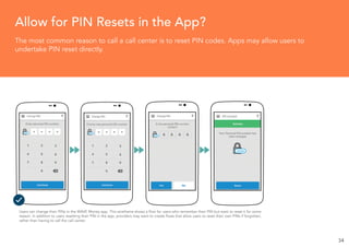 34
The most common reason to call a call center is to reset PIN codes. Apps may allow users to
undertake PIN reset directl...