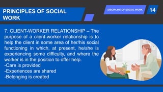 DISCIPLINE OF SOCIAL WORK
PRINCIPLES OF SOCIAL
WORK
14
7. CLIENT-WORKER RELATIONSHIP – The
purpose of a client-worker relationship is to
help the client in some area of her/his social
functioning in which, at present, he/she is
experiencing some difficulty, and where the
worker is in the position to offer help.
-Care is provided
-Experiences are shared
-Belonging is created
 