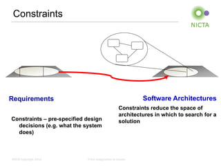 Constraints




Requirements                                              Software Architectures
                                                 Constraints reduce the space of
                                                 architectures in which to search for a
Constraints – pre-specified design               solution
  decisions (e.g. what the system
  does)



NICTA Copyright 2012        From imagination to impact
 