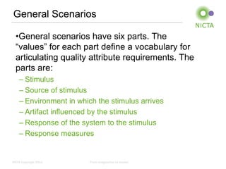 General Scenarios

  •General scenarios have six parts. The
  “values” for each part define a vocabulary for
  articulating quality attribute requirements. The
  parts are:
    – Stimulus
    – Source of stimulus
    – Environment in which the stimulus arrives
    – Artifact influenced by the stimulus
    – Response of the system to the stimulus
    – Response measures


NICTA Copyright 2012     From imagination to impact
 