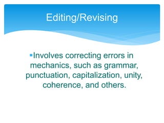 Involves correcting errors in
mechanics, such as grammar,
punctuation, capitalization, unity,
coherence, and others.
Editing/Revising
 